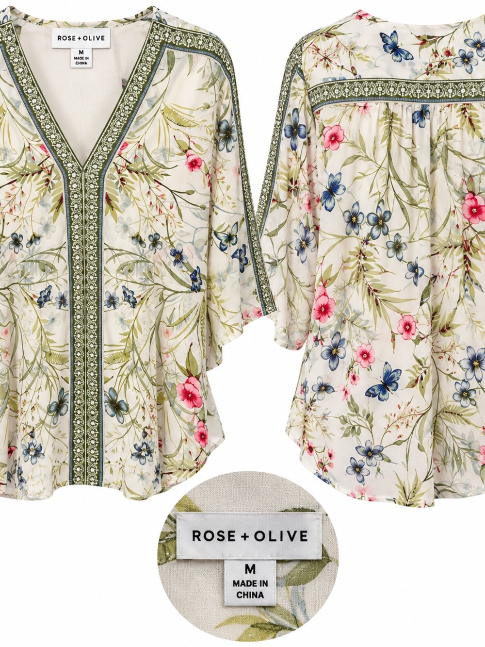 Rose & Olive Cream Floral V-Neck Tunic with Green Trim